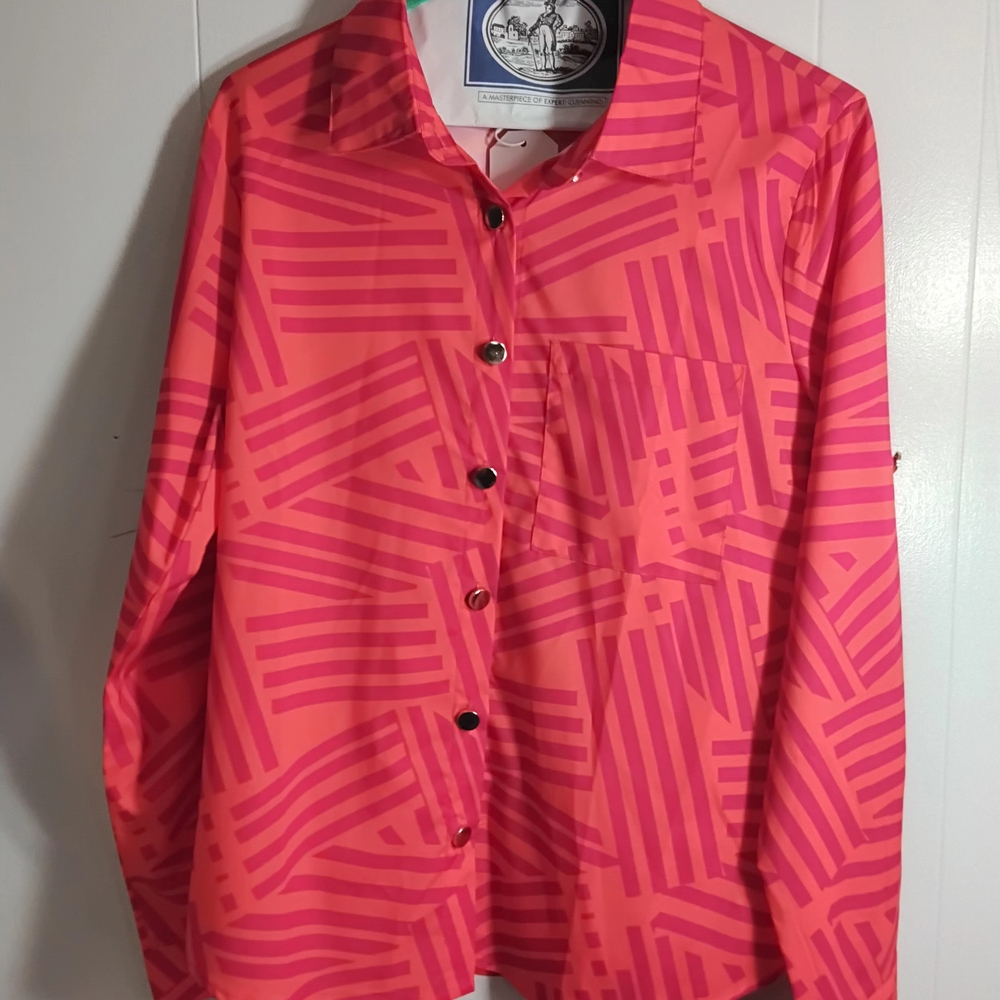Ministry of Supply Pink and Coral Geometric Button-Up Blouse